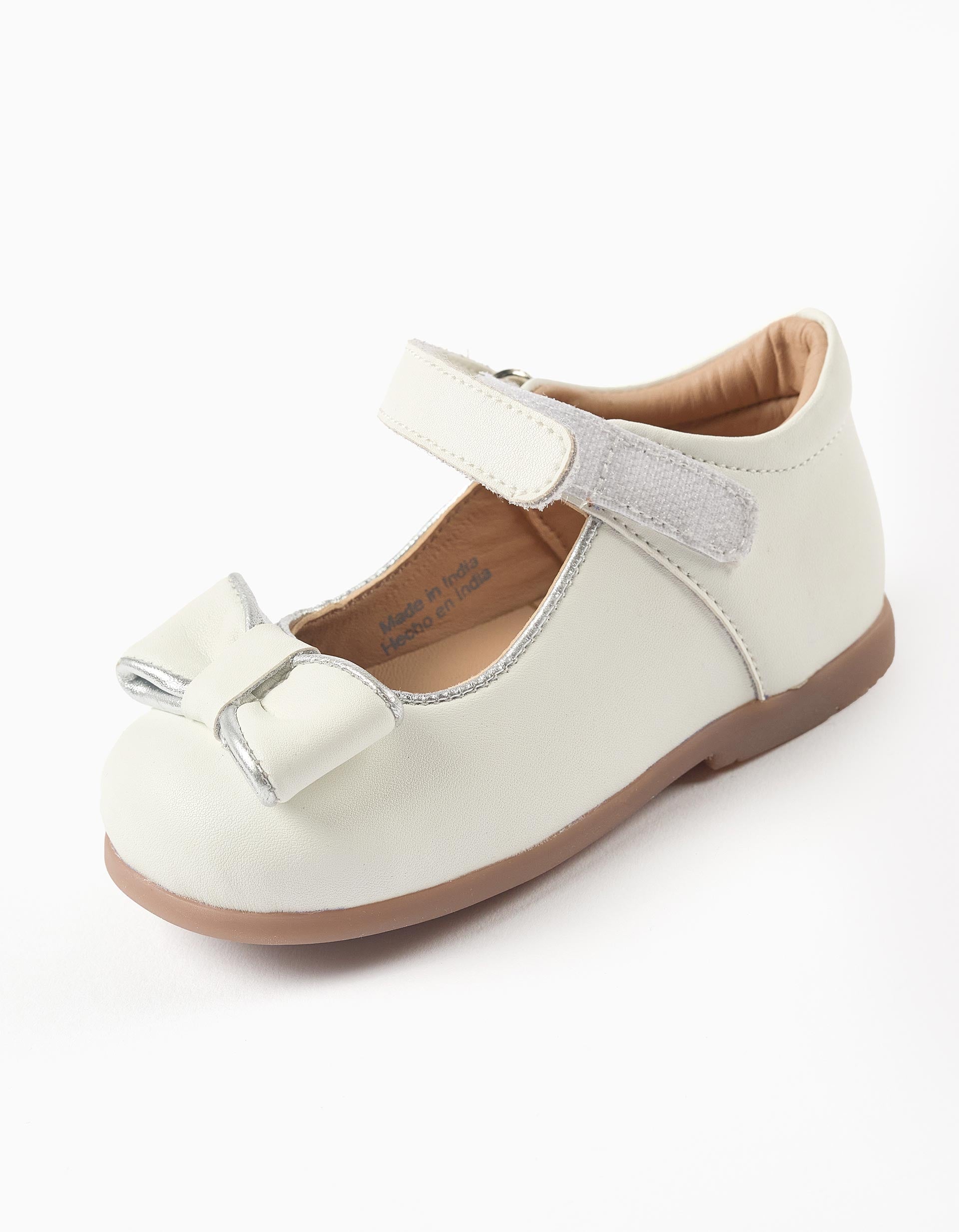 Leather ballerinas with decorative bow for baby girls, white