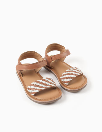 Leather sandals with braided strap and padding for baby girls, camel/white