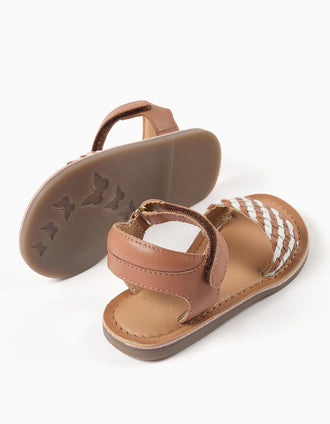 Leather sandals with braided strap and padding for baby girls, camel/white