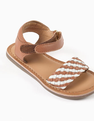 Leather sandals with braided strap and padding for baby girls, camel/white