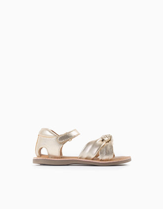 Leather sandals with decorative knot for baby girls, golden