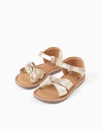 Leather sandals with decorative knot for baby girls, golden