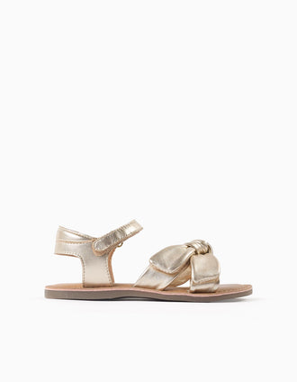 Leather sandals with decorative knot for girls, golden