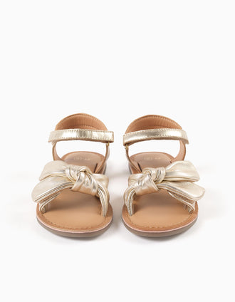 Leather sandals with decorative knot for girls, golden