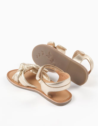 Leather sandals with decorative knot for girls, golden