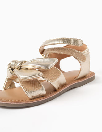 Leather sandals with decorative knot for girls, golden