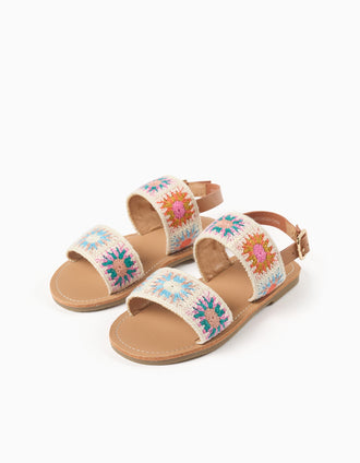 Sandales avec motif floral au crochet pour fille, multicolore