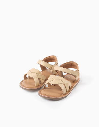 Leather sandals with braided straps for baby girls, beige