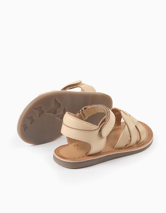 Leather sandals with braided straps for baby girls, beige