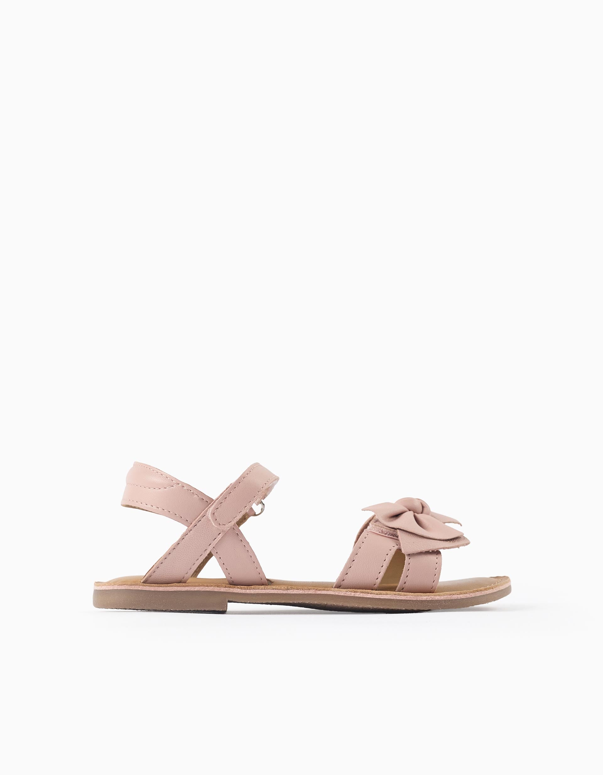 Sandalias de cuero con lazo decorativo para niña, rosa claro