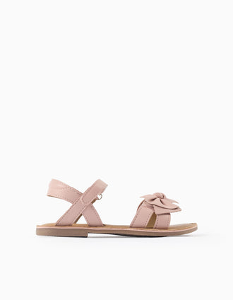 Leather sandals with decorative bow for girls, light pink