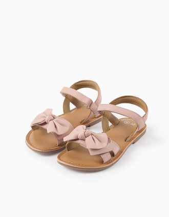 Leather sandals with decorative bow for girls, light pink