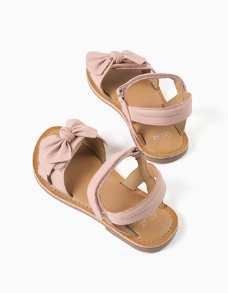 Leather sandals with decorative bow for girls, light pink
