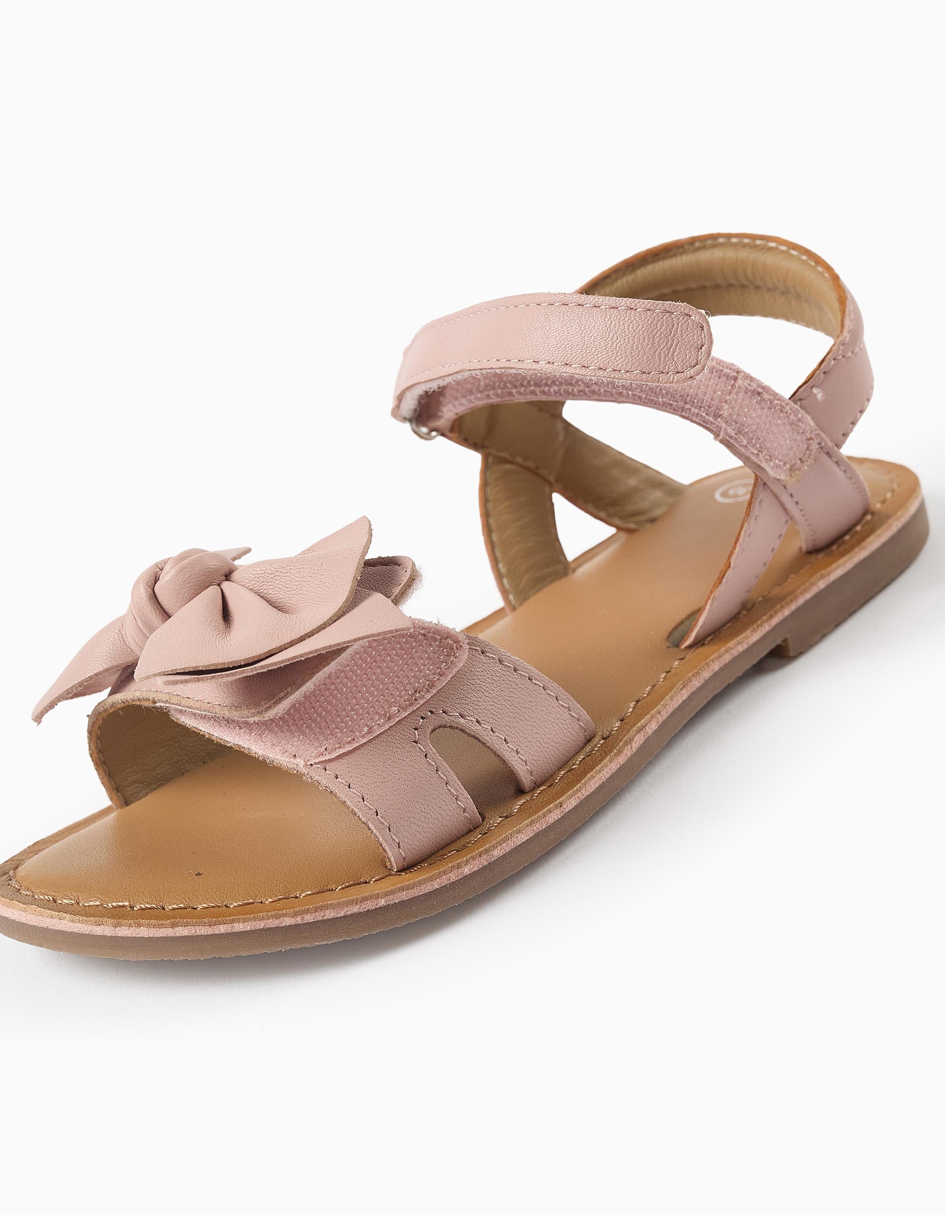 Sandalias de cuero con lazo decorativo para niña, rosa claro