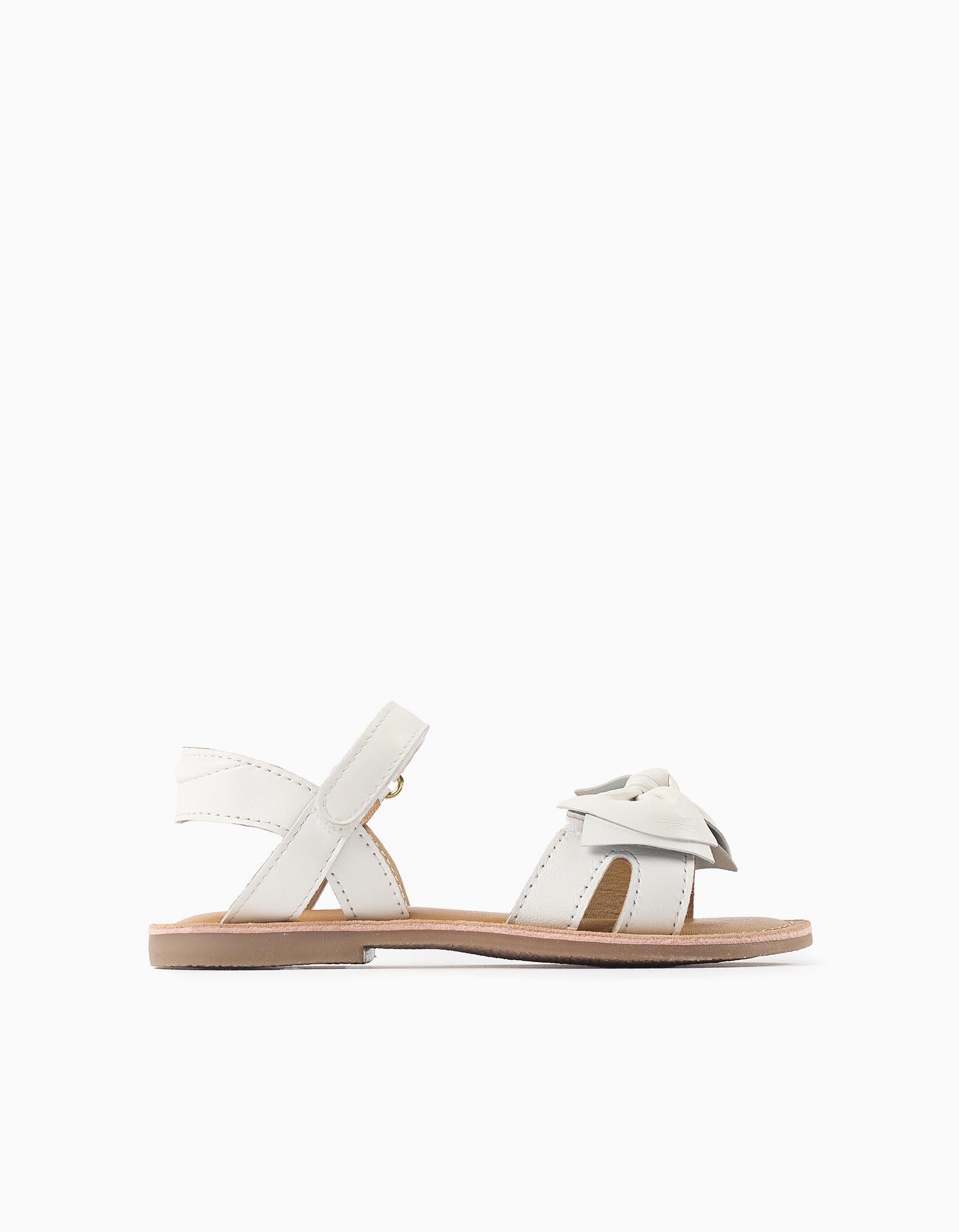 Leather sandals with decorative bow for girls, white