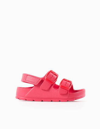 Rubber buckle footbed sandals for baby girls, coral