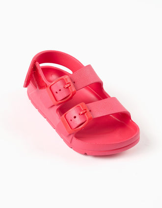Rubber buckle footbed sandals for baby girls, coral
