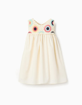 Robe bi-matière avec fleurs au crochet pour bébé fille, beige clair
