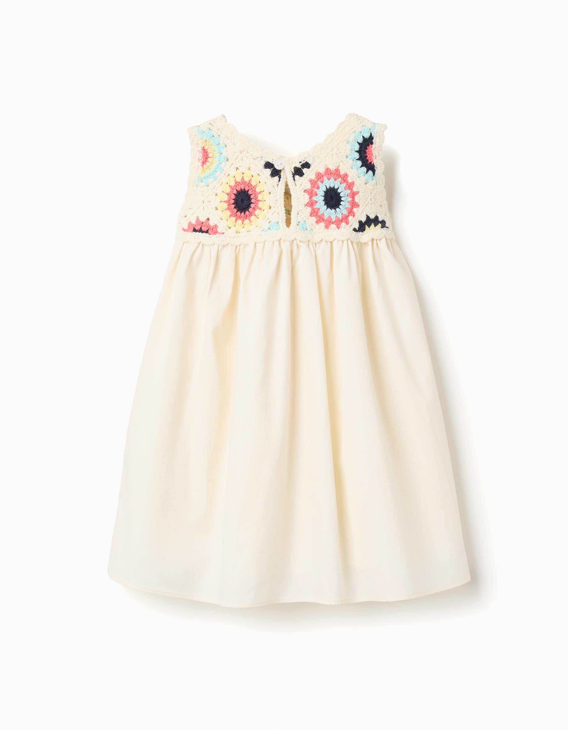 Vestido combinado con flores de croché para bebé niña, beige claro