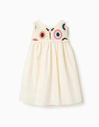 Robe bi-matière avec fleurs au crochet pour bébé fille, beige clair