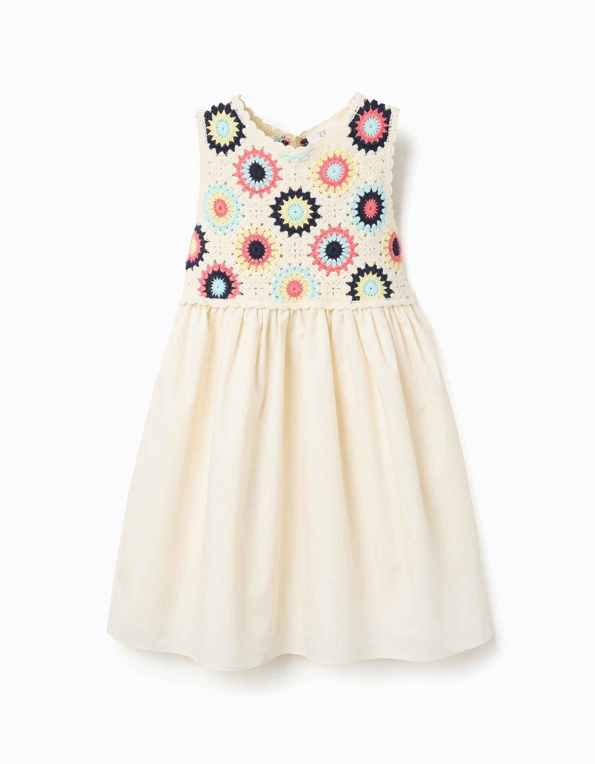 Vestido combinado com flores em crochê para menina, bege-claro