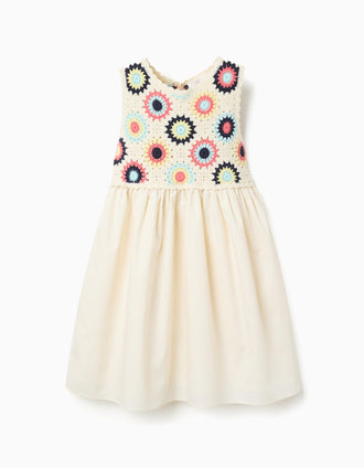 Robe bi-matière avec fleurs au crochet pour fille, beige clair