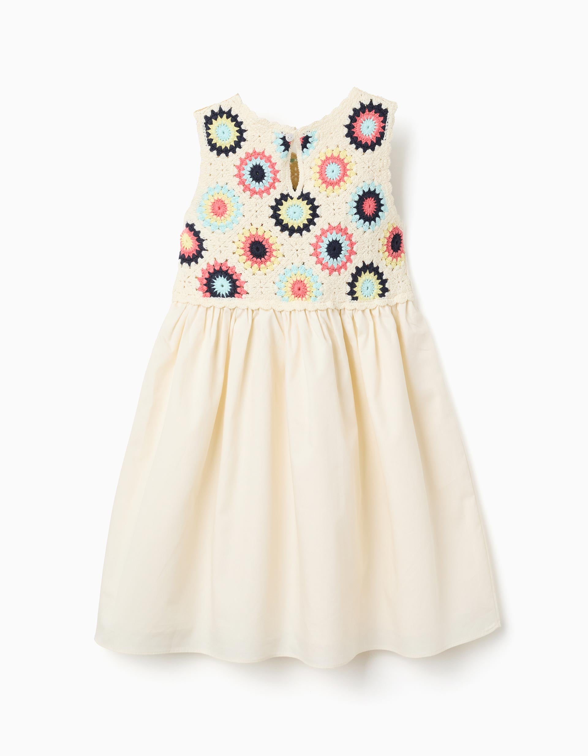 Vestido combinado com flores em crochê para menina, bege-claro