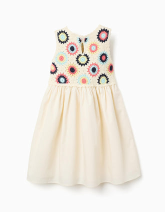 Robe bi-matière avec fleurs au crochet pour fille, beige clair