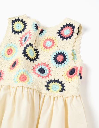 Robe bi-matière avec fleurs au crochet pour fille, beige clair