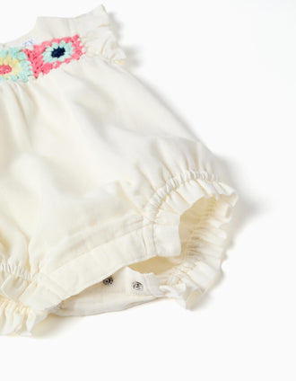 Fofo em algodão e linho com crochê para recém-nascida, branco