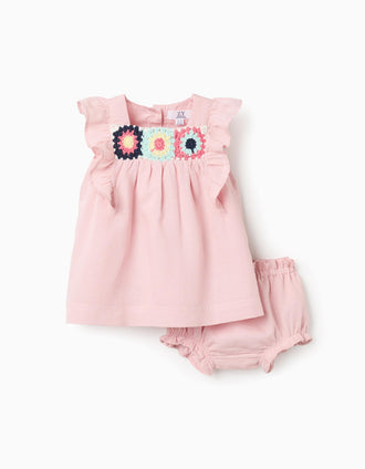 Vestido e um tapa-fraldas em algodão e linho para recém-nascida, rosa-claro