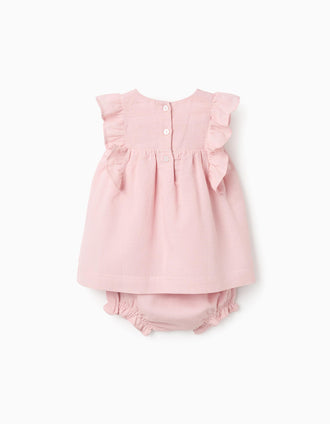 Vestido e um tapa-fraldas em algodão e linho para recém-nascida, rosa-claro
