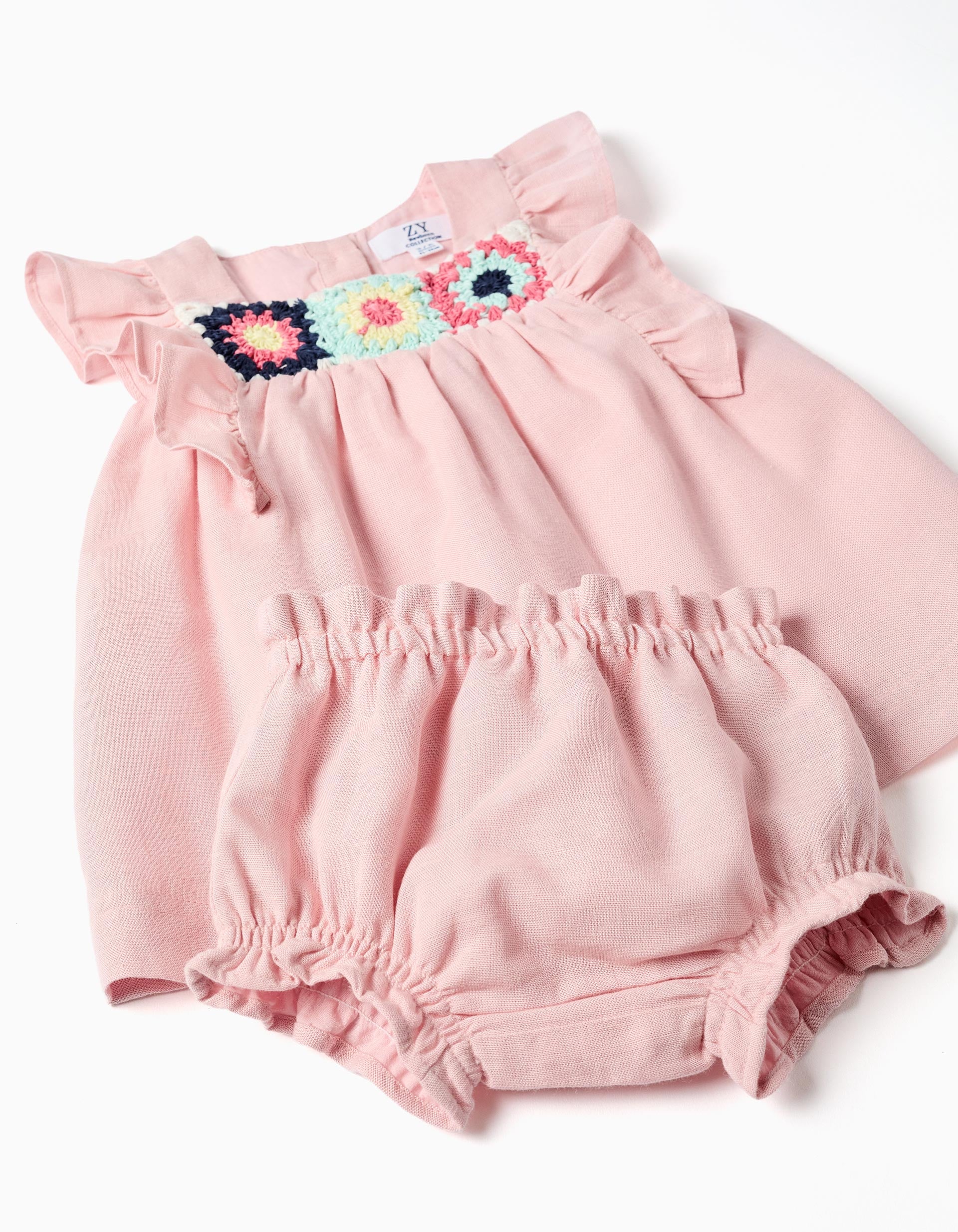 Dress and bloomers in cotton and linen for newborn girls, light pink