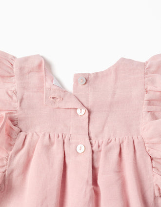 Vestido e um tapa-fraldas em algodão e linho para recém-nascida, rosa-claro
