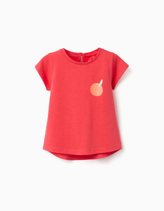 Cotton T-shirt with orange print for baby girls, coral