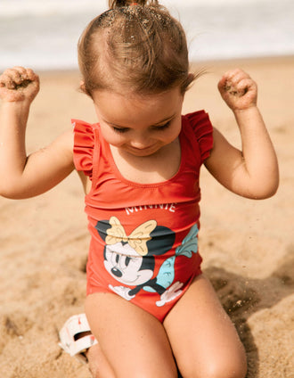 Maillot de bain à imprimé Minnie et volants pour bébé fille, corail