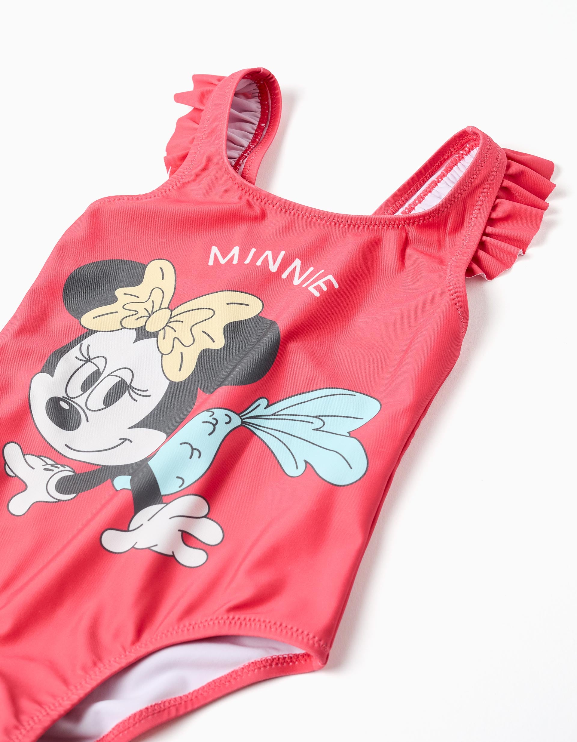 Swimsuit with Minnie print and ruffled straps for baby girls, coral