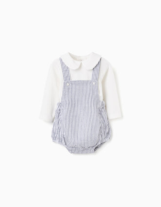 Cotton bodysuit + striped romper set for newborn boys, white/blue