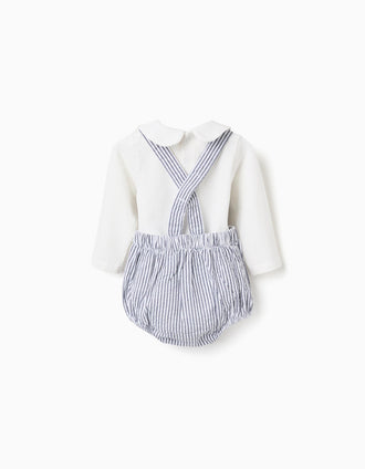 Cotton bodysuit + striped romper set for newborn boys, white/blue