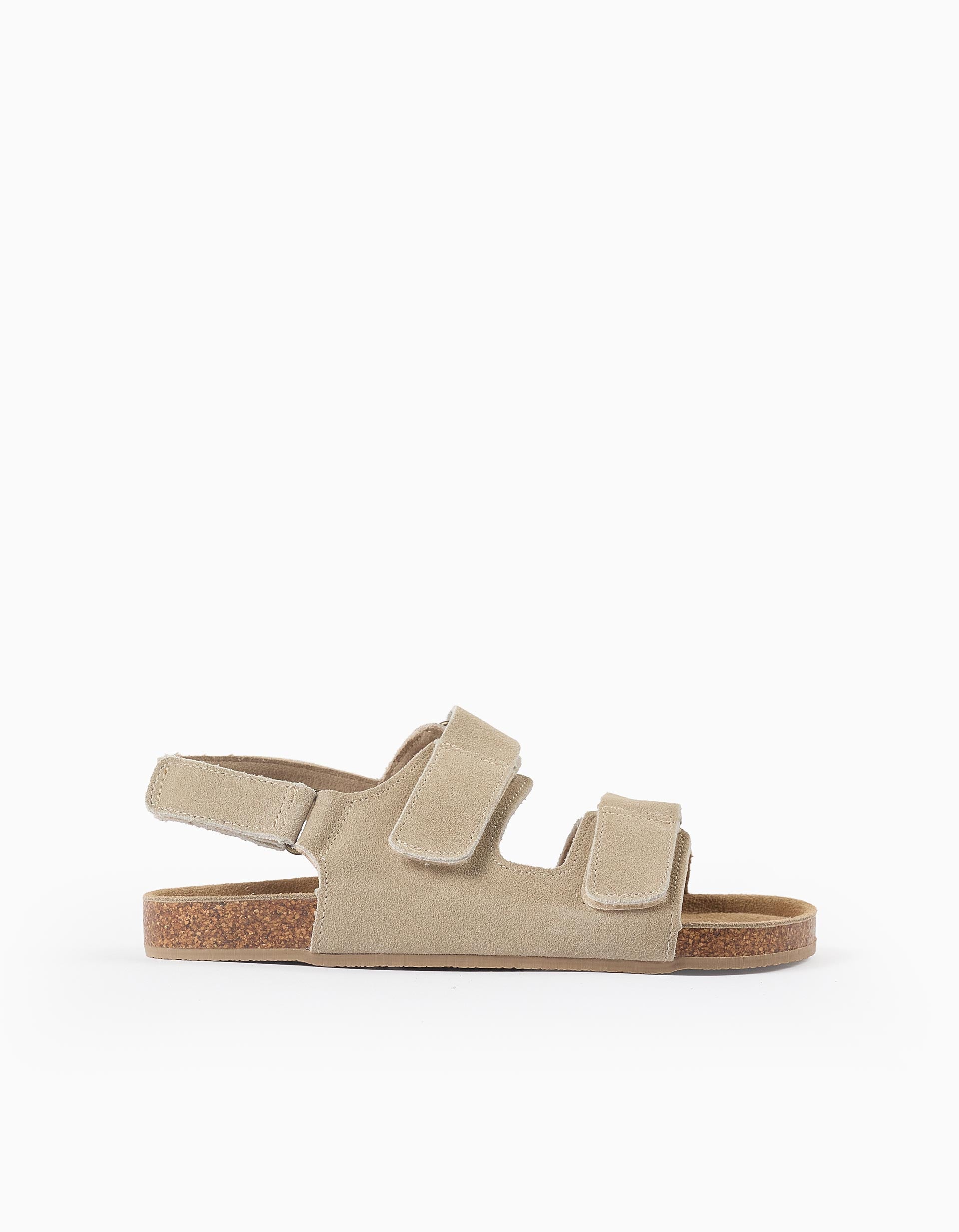 Suede footbed sandals with cork insole for boys, beige