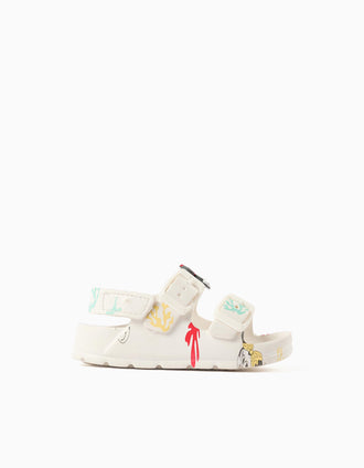 Rubber buckle footbed sandals with Minnie for baby girls, white
