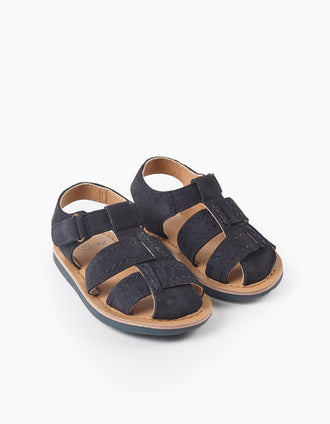 Sandalias cerradas de ante antideslizantes para bebés, azul marino