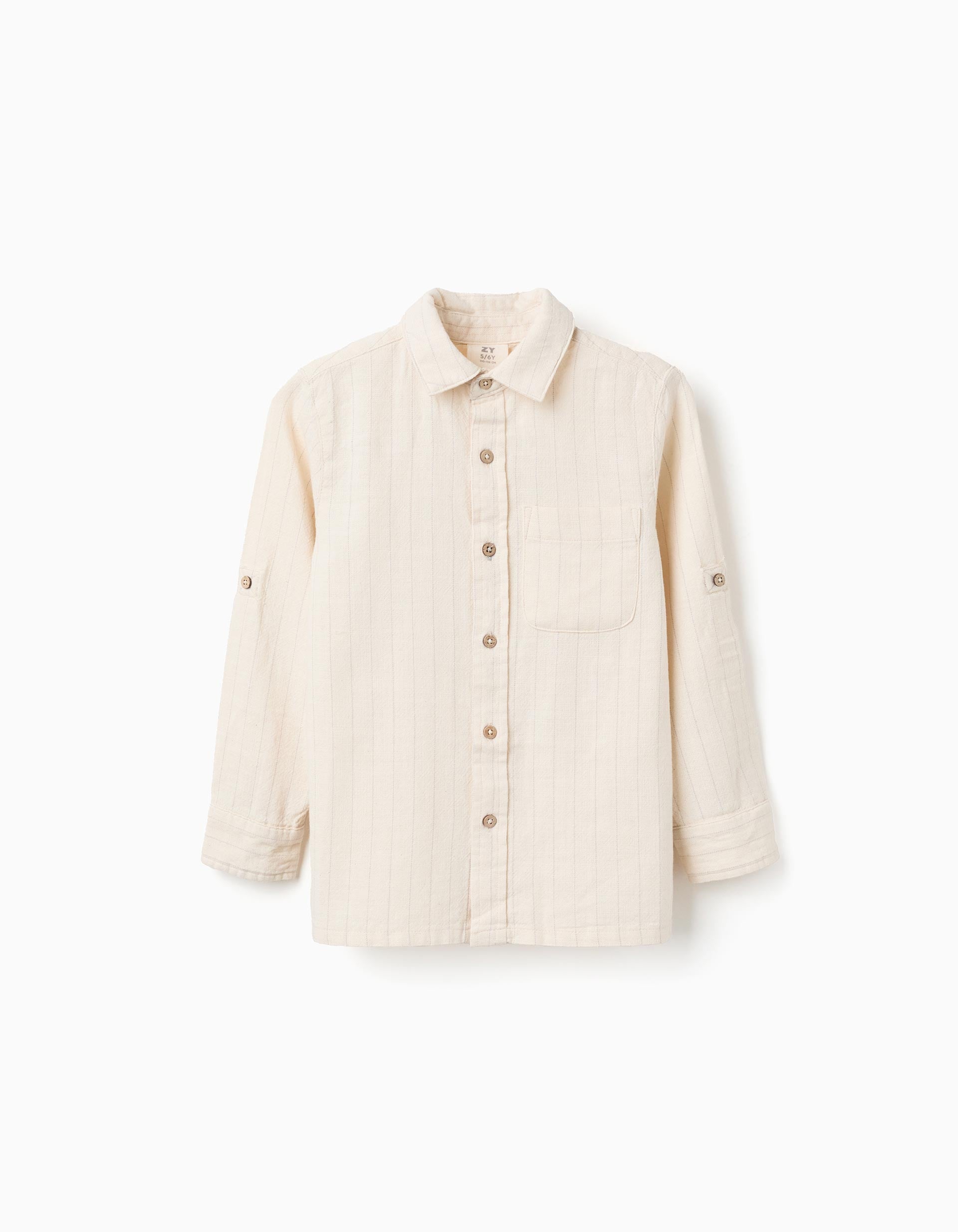 Chemise en lin à manches longues et rayures pour garçon, beige clair