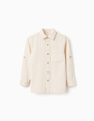 Long sleeve striped shirt in linen for boys, light beige