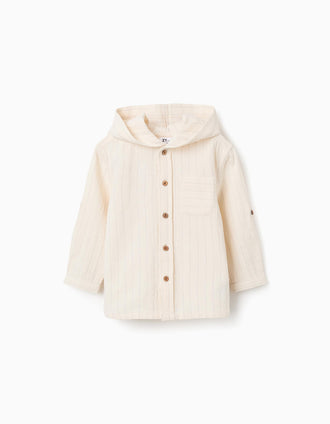 Camisa de lino a rayas y con capucha para bebé niño, beige claro