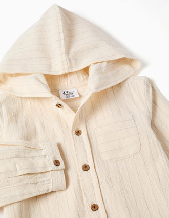 Camisa de lino a rayas y con capucha para bebé niño, beige claro