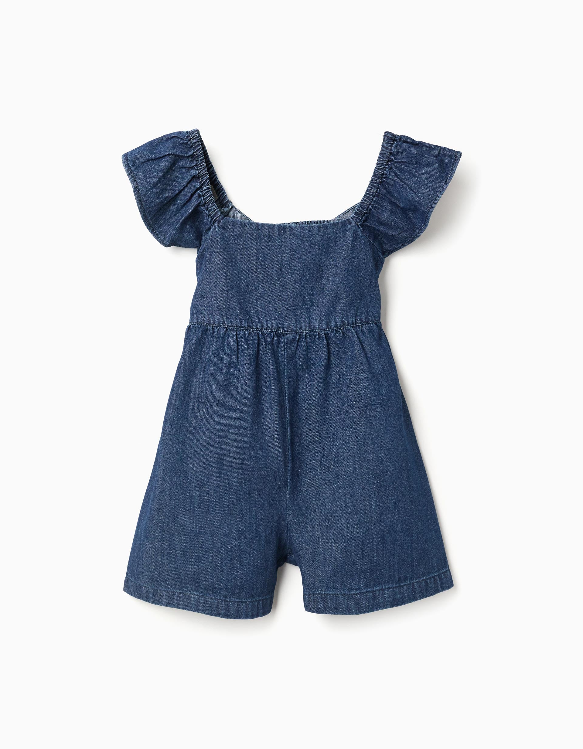 Macacão curto de ganga com mangas com folhos para menina, azul-escuro