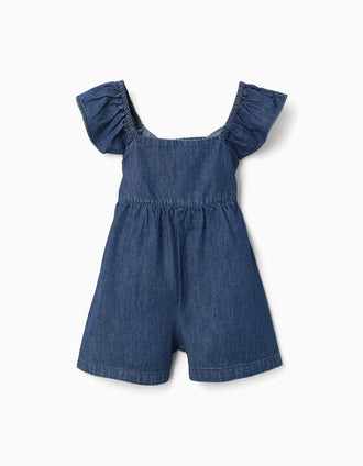 Macacão curto de ganga com mangas com folhos para menina, azul-escuro