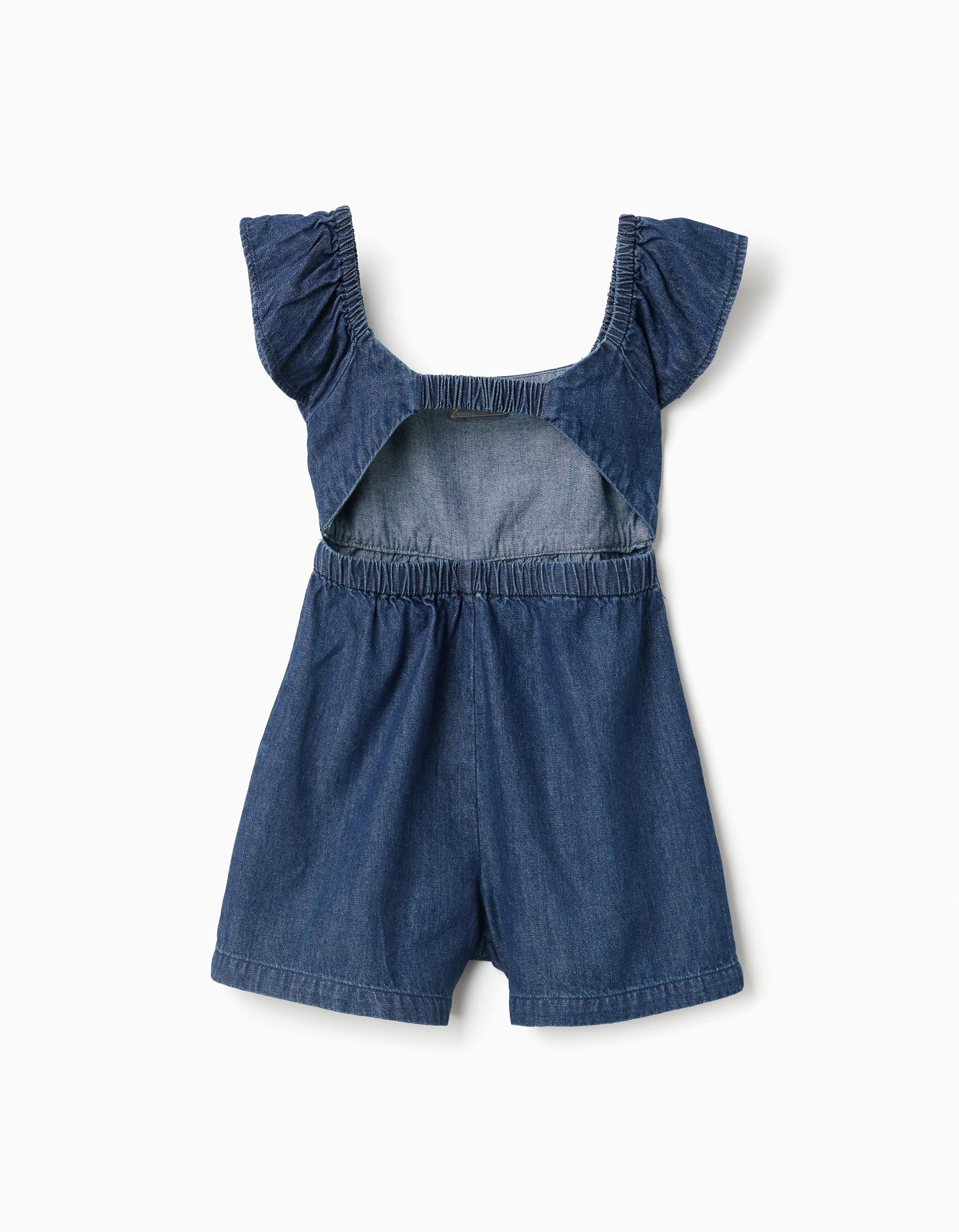 Macacão curto de ganga com mangas com folhos para menina, azul-escuro