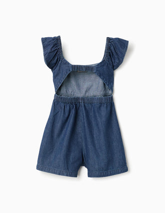 Macacão curto de ganga com mangas com folhos para menina, azul-escuro